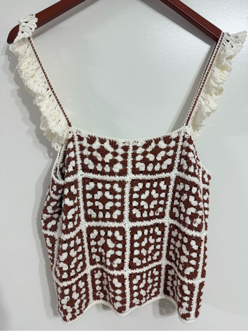 Marine Layer Crochet Granny Square Tank Top Large Boho Cottagecore Rust & Cream